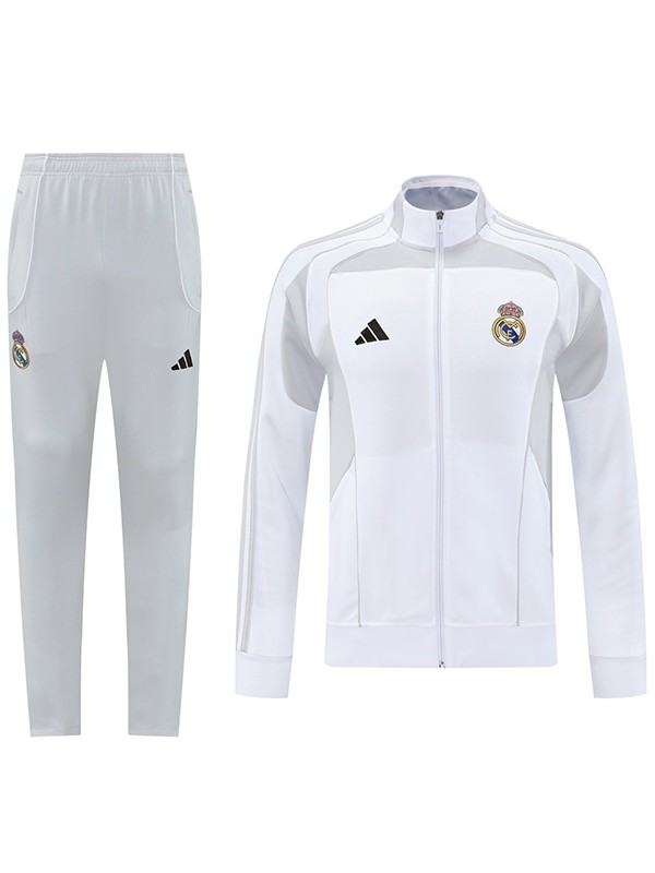 Real madrid veste de football sportswear survêtement fermeture Éclair complète homme blanc kit d'entraînement extérieur football manteau 2025-2026