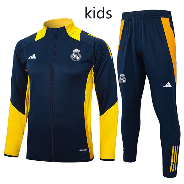 Real madrid jacket kids kit football sportswear tracksuit navy yellow long zip youth training uniform outdoor children soccer coat 2024-2025