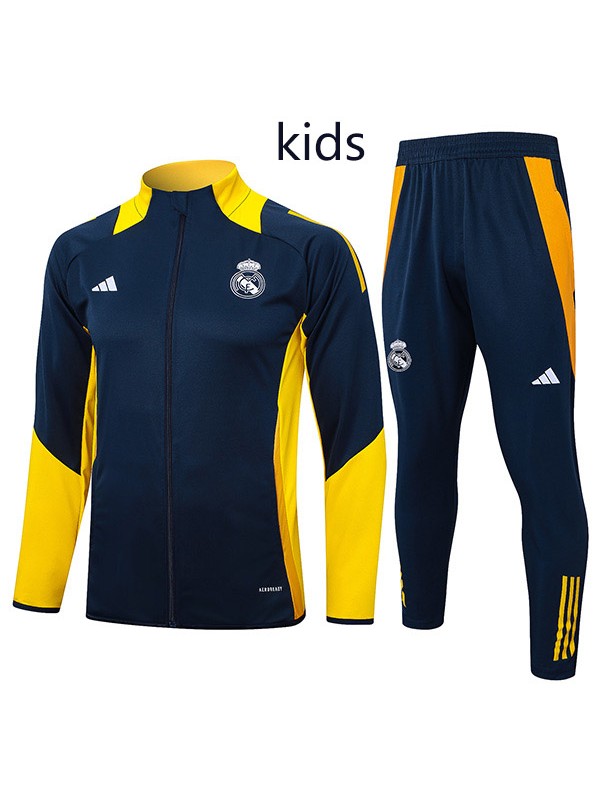 Real madrid jacket kids kit football sportswear tracksuit navy yellow long zip youth training uniform outdoor children soccer coat 2024-2025