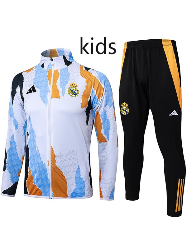 Real Madrid veste pour enfants kit de football survêtement de sport blanc, bleu longue fermeture éclair uniforme d'entraînement pour jeunes manteau de football pour enfants en plein air 2024-2025