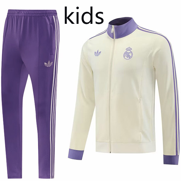 Real Madrid veste enfant survêtement de football sportswear tenue d'entraînement junior blanche et violette avec col zippé veste de football enfant 2024-2025