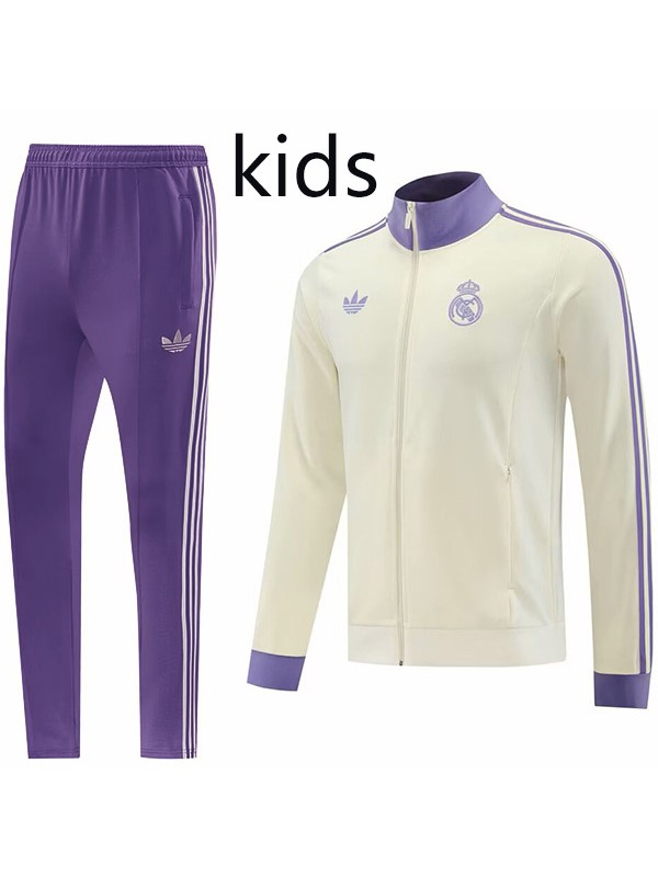 Real Madrid veste enfant survêtement de football sportswear tenue d'entraînement junior blanche et violette avec col zippé veste de football enfant 2024-2025