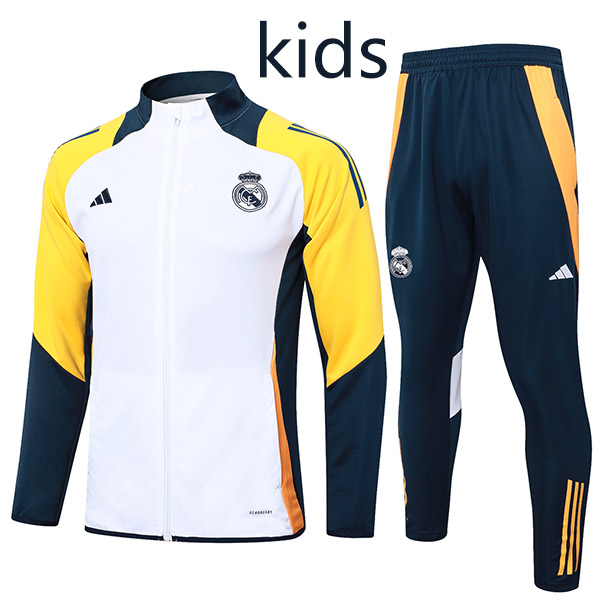 Real madrid jacket kids kit football sportswear tracksuit white yellow navy long zip-neck youth training uniform outdoor children soccer coat 2024-2025