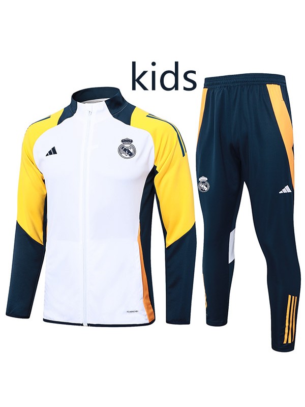 Real madrid jacket kids kit football sportswear tracksuit white yellow navy long zip-neck youth training uniform outdoor children soccer coat 2024-2025