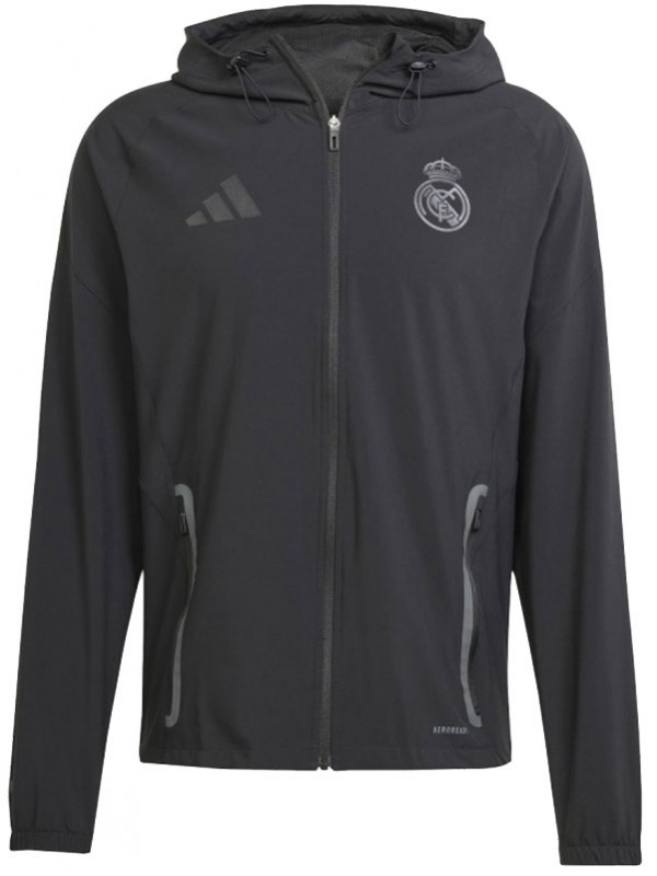 Real madrid veste coupe-vent à capuche survêtement de football uniforme d'entraînement noir à fermeture éclair pour homme, veste de football d'extérieur 2025-2026