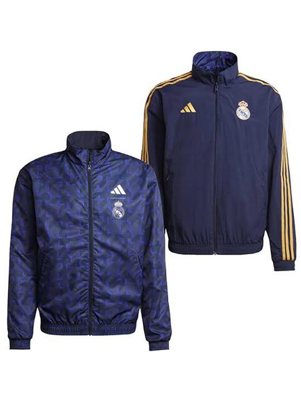 Real madrid veste coupe-vent à capuche survêtement de sport de football bleu marine fermeture éclair complète kit d'entraînement pour hommes manteau de football en plein air 2025-2026