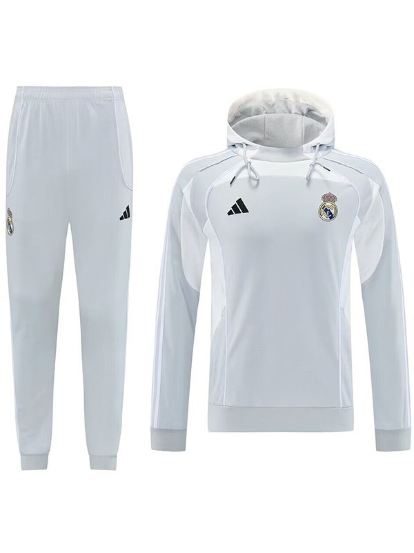 Real Madrid veste coupe-vent à capuche survêtement de football vêtements de sport blanc gris fermeture éclair complète uniforme kit d'entraînement pour hommes manteau de football extérieur 2025-2026