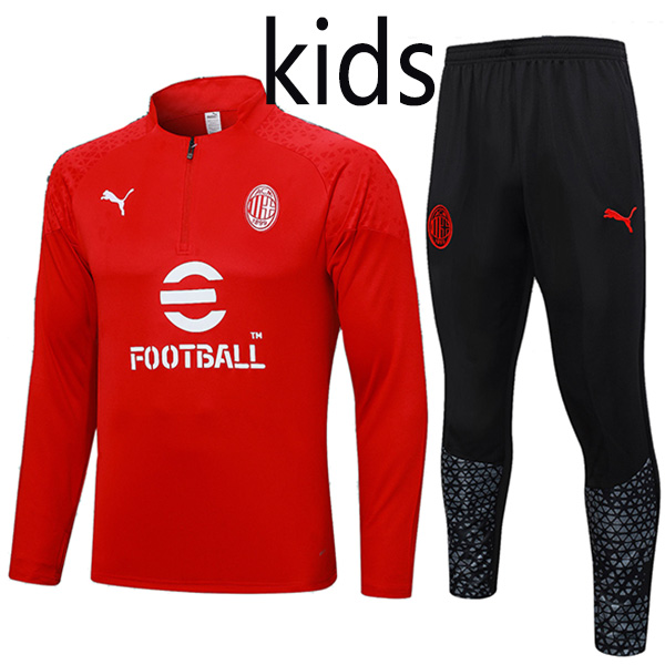 AC milan tracksuit kids kit soccer pants suit sports set half zip necked cleats youth uniform children red football mini training kit 2023-2024