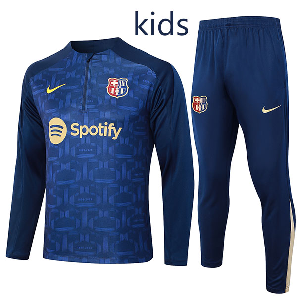 Barcelona tracksuit kids kit soccer pants suit sports set half zipper-necked cleats youth uniform children football mini training dark blue kit 2024-2025