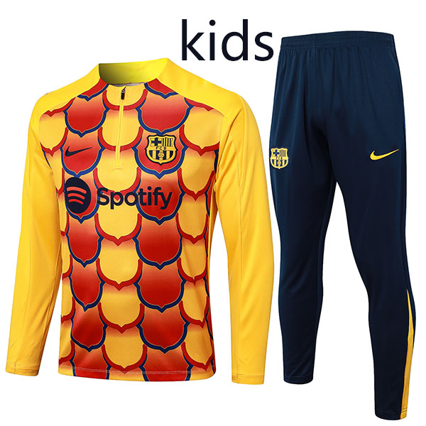 Barcelona tracksuit kids kit soccer pants suit sports set zipper-necked cleats youth uniform children football mini training yellow black kit 2024-2025