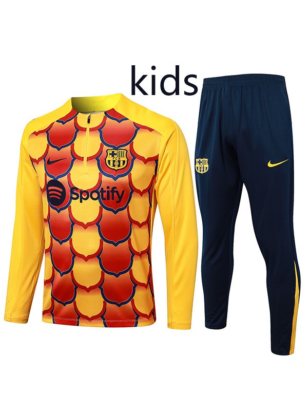 Barcelona tracksuit kids kit soccer pants suit sports set zipper-necked cleats youth uniform children football mini training yellow black kit 2024-2025