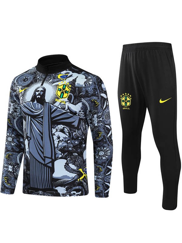 Brazil tracksuit soccer suit sports set zipper-necked special uniform men's clothes football training black kit 2024-2025