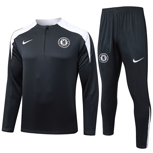 Chelsea survêtement de football avec pantalon ensemble de sport demi-fermeture éclair col uniforme vêtements noirs pour hommes kit d'entraînement de football 2025-2026