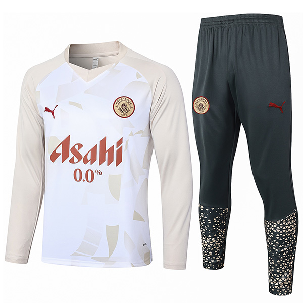 Chelsea survêtement de football pantalon costume ensemble de sport uniforme à col demi-fermeture éclair tenue d'entraînement de football homme blanc beige 2024-2025