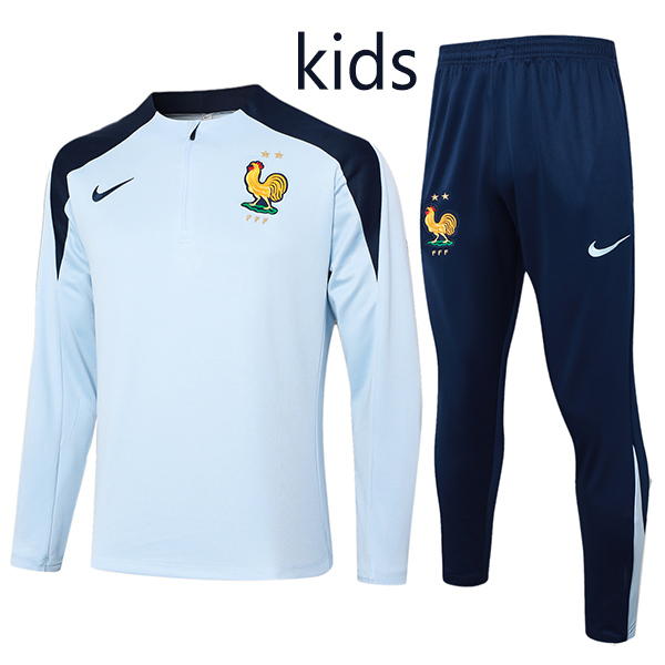 France tracksuit kids kit soccer pants suit sports set zipper necked cleats youth light blue navy uniform children football mini training kit 2024-2025