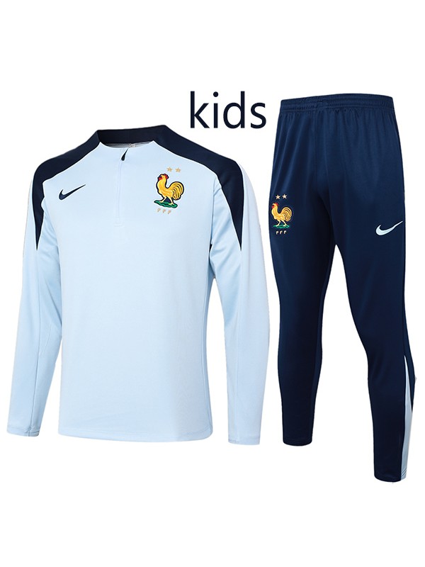 France tracksuit kids kit soccer pants suit sports set zipper necked cleats youth light blue navy uniform children football mini training kit 2024-2025