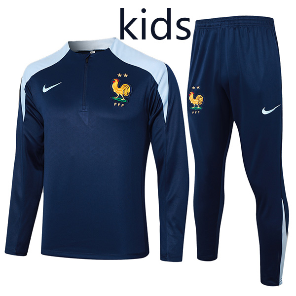 France tracksuit kids kit soccer pants suit sports set zipper necked cleats youth uniform children navy football mini training kit 2024-2025