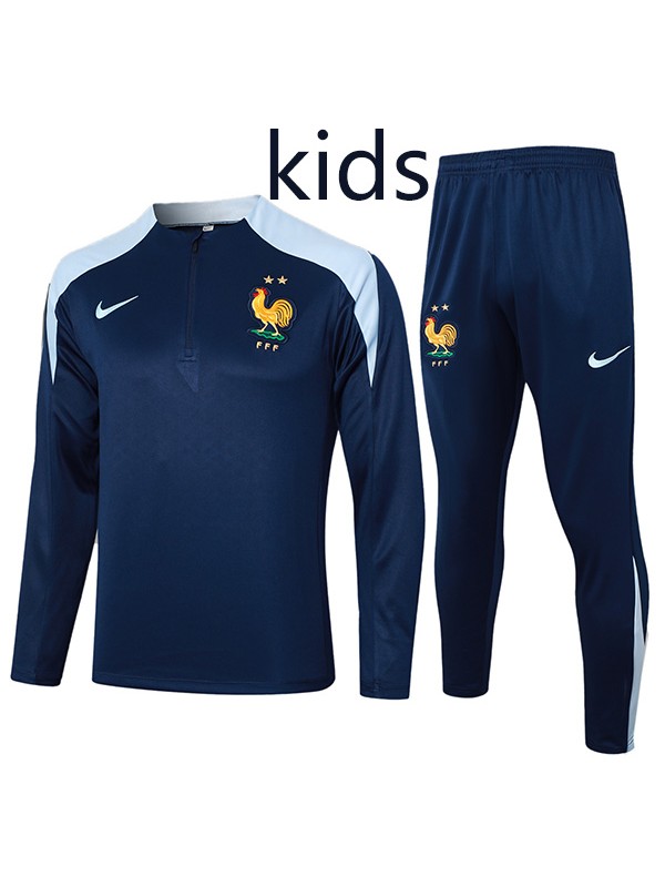 France tracksuit kids kit soccer pants suit sports set zipper necked cleats youth uniform children navy football mini training kit 2024-2025