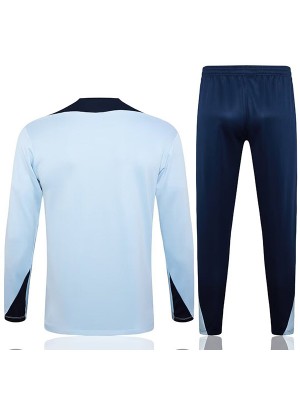 France survêtement de football pantalon costume ensemble de sport uniforme à col demi-fermeture éclair tenue d'entraînement de football homme bleu clair 2024-2025