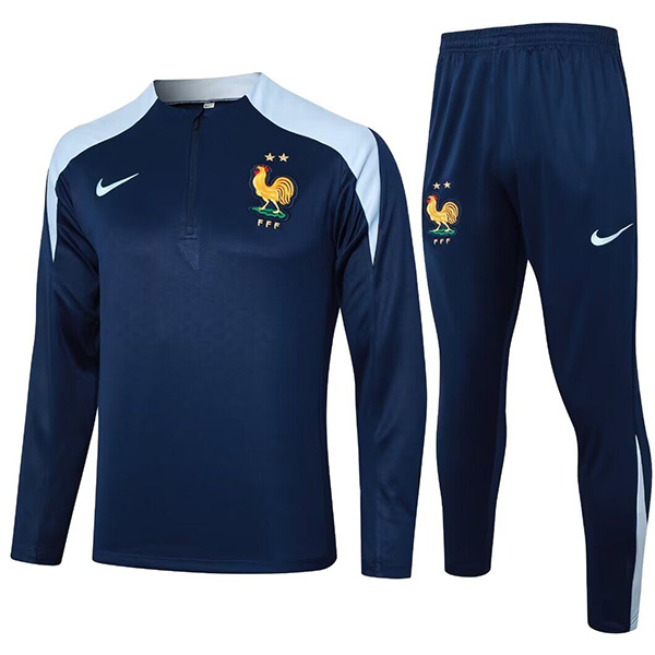 France survêtement de football pantalon costume ensemble de sport uniforme à col demi-fermeture éclair tenue d'entraînement de football homme bleu marine 2024-2025