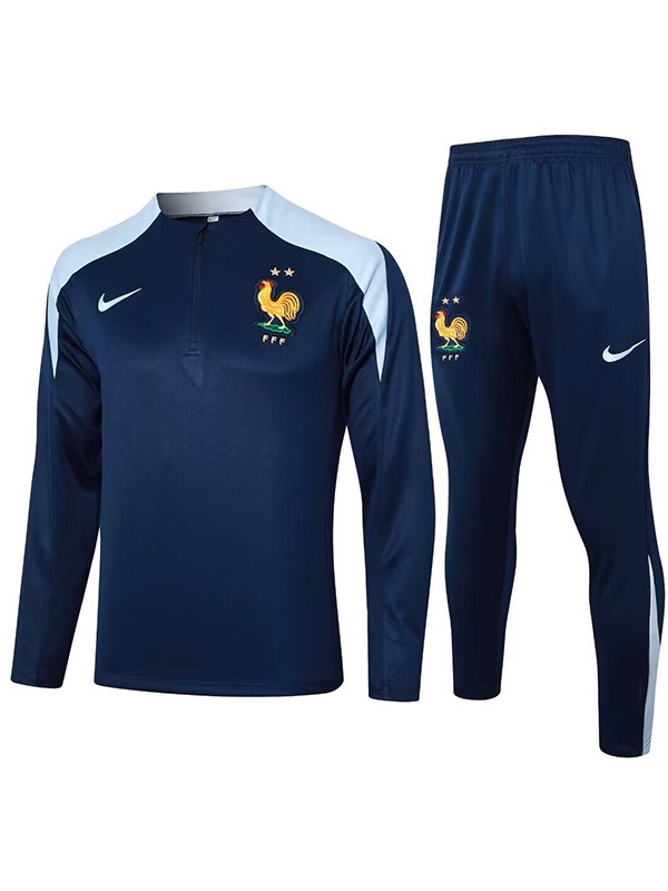 France survêtement de football pantalon costume ensemble de sport uniforme à col demi-fermeture éclair tenue d'entraînement de football homme bleu marine 2024-2025