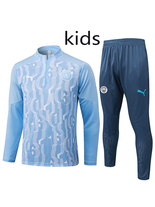 Manchester city tracksuit kids kit soccer pants suit sports set zipper necked cleats youth uniform children football mini light blue training kit 2024-2025