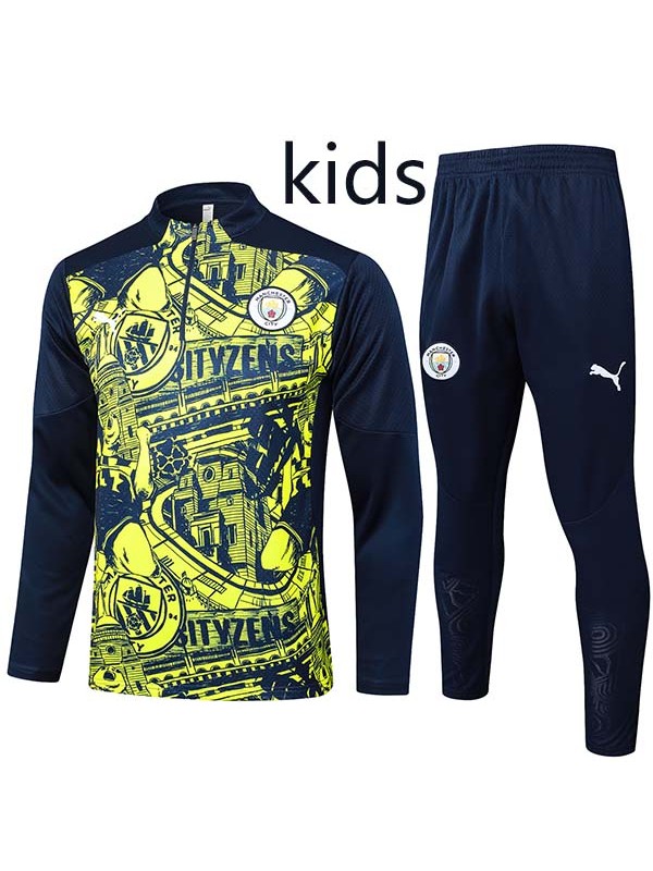 Manchester city tracksuit kids kit soccer pants suit sports set zipper necked cleats youth uniform children football mini navy yellow training kit 2024-2025