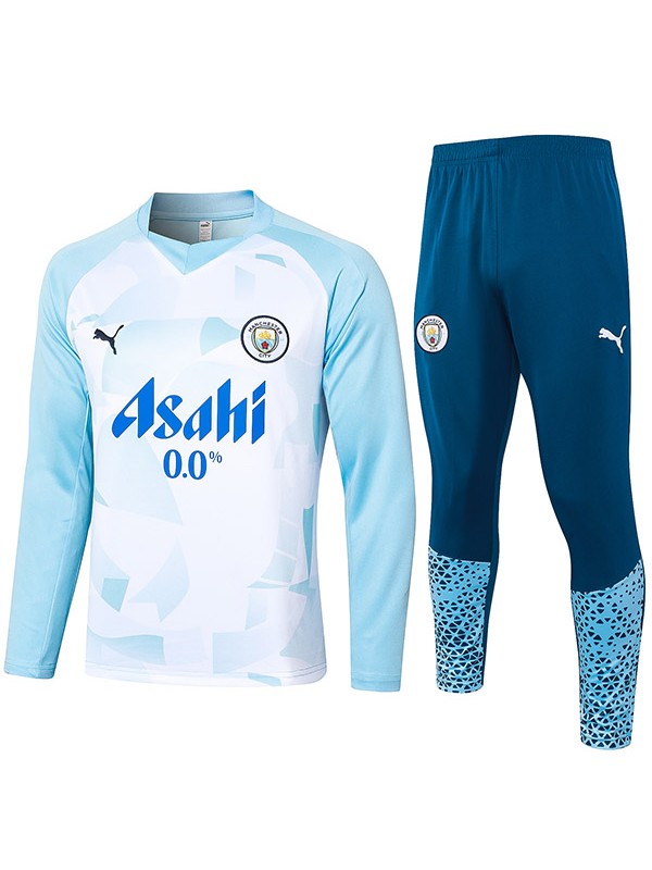 Manchester City Survêtement Pantalon de football Costume Ensemble de sport Demi-fermeture éclair Col uniforme Vêtements bleu clair pour hommes Kit d'entraînement de football 2024-2025