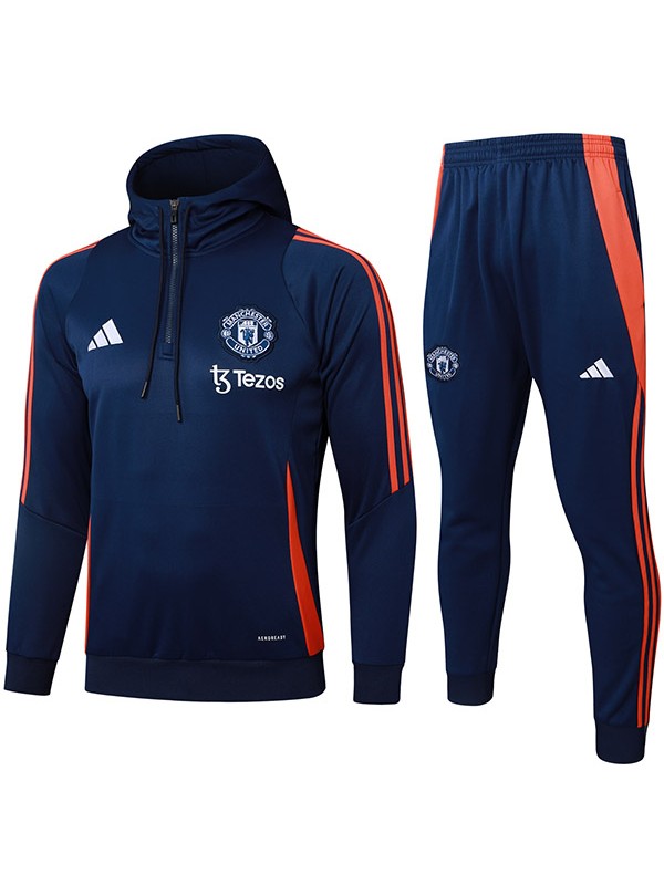 Manchester united veste à capuche survêtement de sport de football bleu marine demi-zip uniforme kit d'entraînement pour hommes manteau de football extérieur athlétique 2024-2025
