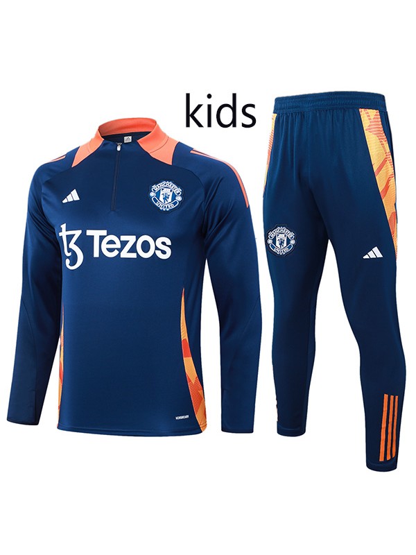 Manchester United tracksuit kids kit soccer pants navy suit sports set zipper necked cleats youth uniform children football mini training kit 2024-2025