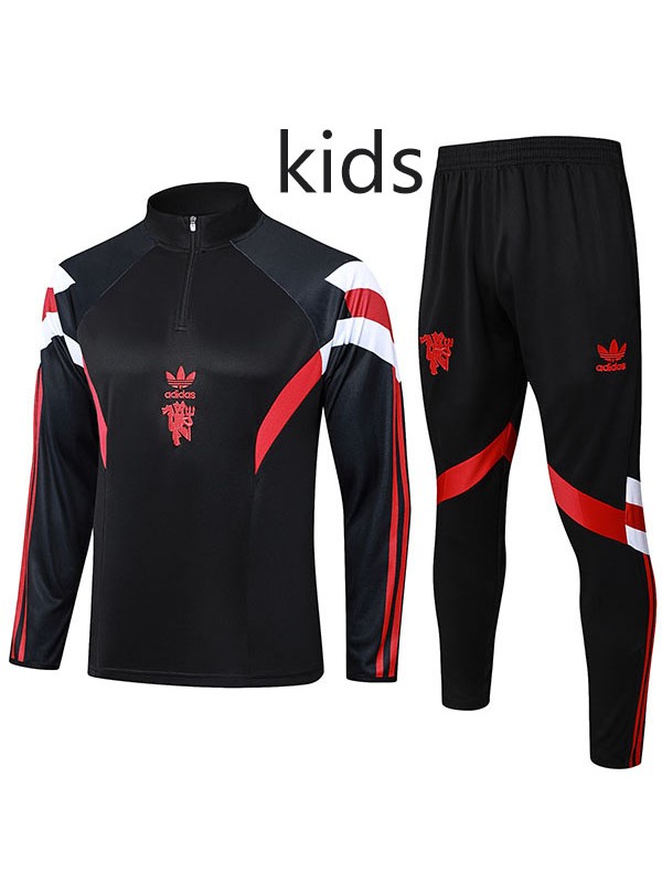 Manchester united tracksuit kids kit soccer pants suit sports set zipper necked cleats youth uniform children football mini black red training kit 2024-2025