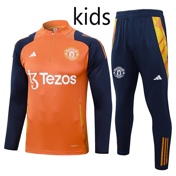 Manchester United  tracksuit kids kit soccer pants suit sports set zipper necked orange navy cleats youth uniform children football mini training kit 2024-2025