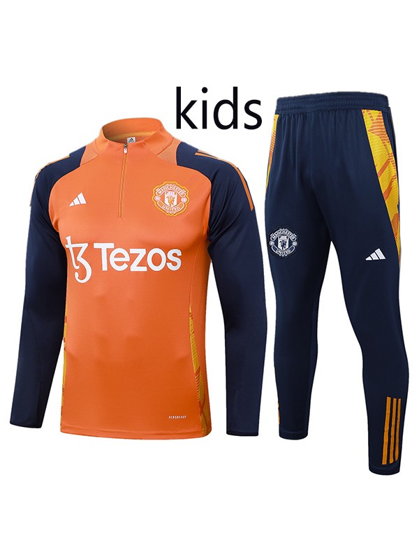 Manchester United  tracksuit kids kit soccer pants suit sports set zipper necked orange navy cleats youth uniform children football mini training kit 2024-2025