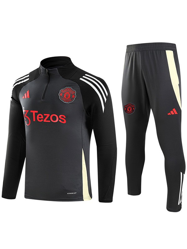 Manchester united survêtement pantalon de football costume ensemble de sport noir demi-fermeture éclair col uniforme vêtements pour hommes kit d'entraînement de football 2024-2025
