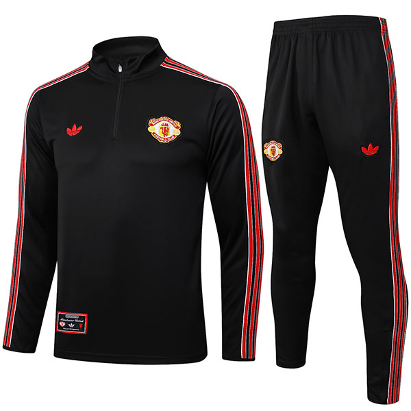 Manchester united survêtement de football pantalon ensemble de sport col à demi-fermeture éclair uniforme noir vêtements pour hommes kit d'entraînement de football rétro 2025-2026