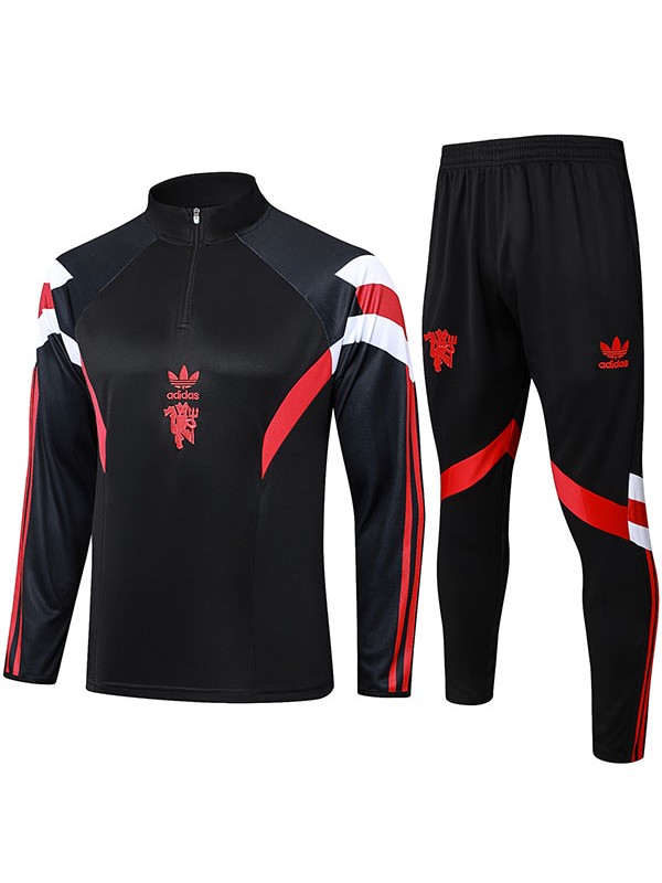Manchester united survêtement de football pantalon costume ensemble de sport uniforme à col demi-fermeture éclair tenue d'entraînement de football homme noir 2024-2025
