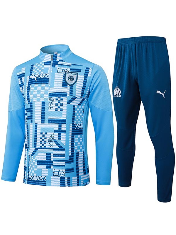 Olympique de Marseille survêtement de football ensemble de sport bleu clair avec col zippé vêtements homme tenue d'entraînement de football 2024-2025