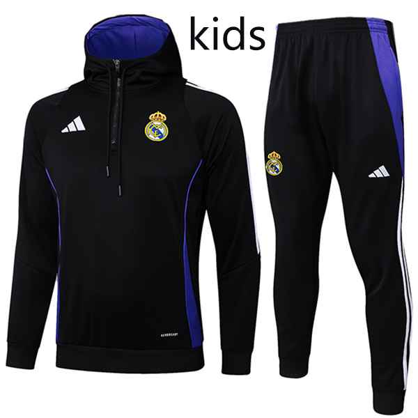 Real madrid veste à capuche pour enfants vêtements de sport de football mini survêtement col zippé uniforme kit d'entraînement pour jeunes football en plein air manteau noir et bleu 2024-2025
