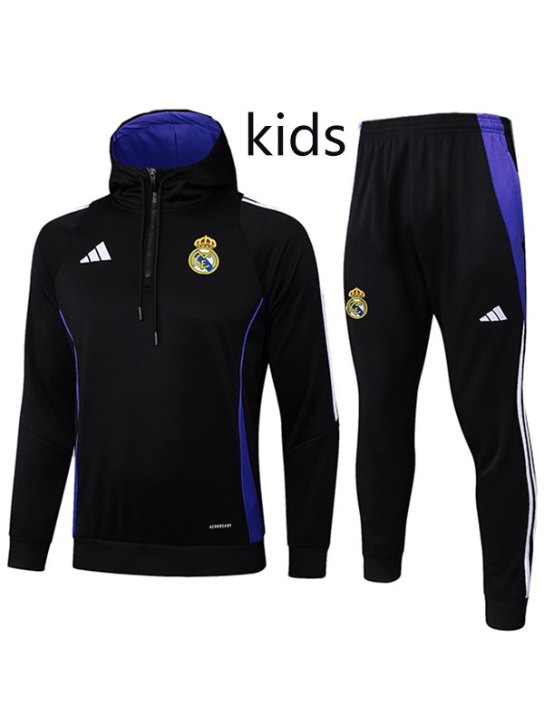 Real madrid veste à capuche pour enfants vêtements de sport de football mini survêtement col zippé uniforme kit d'entraînement pour jeunes football en plein air manteau noir et bleu 2024-2025