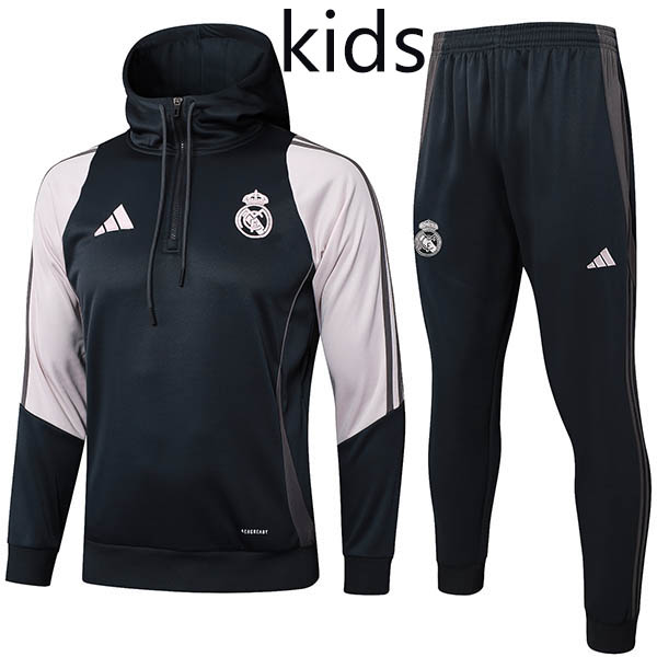 Real madrid veste à capuche pour enfants vêtements de sport de football mini survêtement col zippé uniforme kit d'entraînement pour jeunes football en plein air manteau noir rose 2024-2025