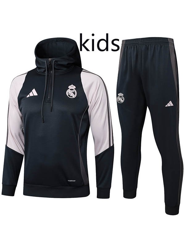 Real madrid veste à capuche pour enfants vêtements de sport de football mini survêtement col zippé uniforme kit d'entraînement pour jeunes football en plein air manteau noir rose 2024-2025