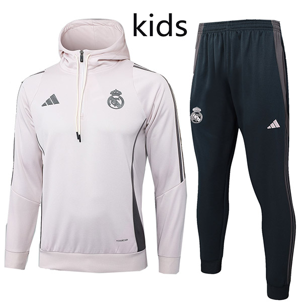 Real Madrid sweat à capuche enfants veste football vêtements de sport enfants survêtement rose clair demi-fermeture éclair jeunesse kit d'entraînement athlétique extérieur uniforme football manteau 2024-2025