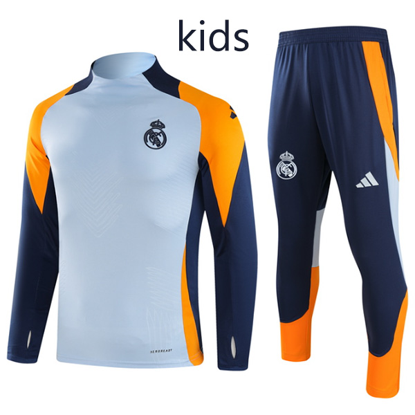 Real madrid tracksuit kids kit blue navy soccer pants suit sports set zipper necked cleats youth uniform children football mini training kit 2024-2025