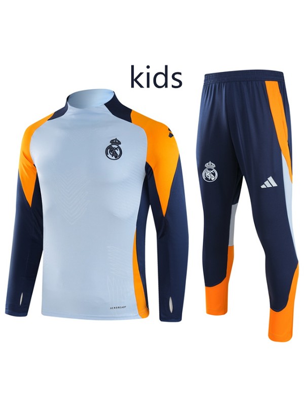 Real madrid tracksuit kids kit blue navy soccer pants suit sports set zipper necked cleats youth uniform children football mini training kit 2024-2025