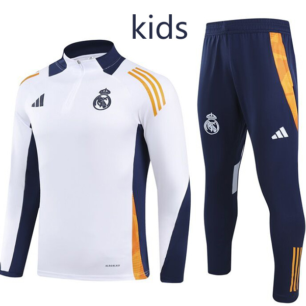 Real madrid tracksuit kids kit soccer pants suit sports set half zipper-necked white navy cleats youth uniform children football mini training kit 2024-2025