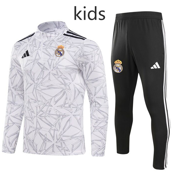 Real madrid tracksuit kids kit soccer pants suit sports set half zipper-necked cleats youth uniform children football mini training gray black kit 2024-2025