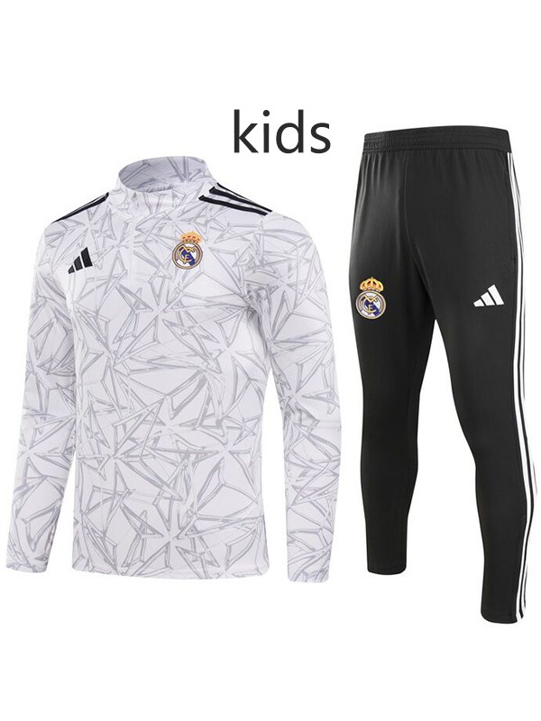 Real madrid tracksuit kids kit soccer pants suit sports set half zipper-necked cleats youth uniform children football mini training gray black kit 2024-2025