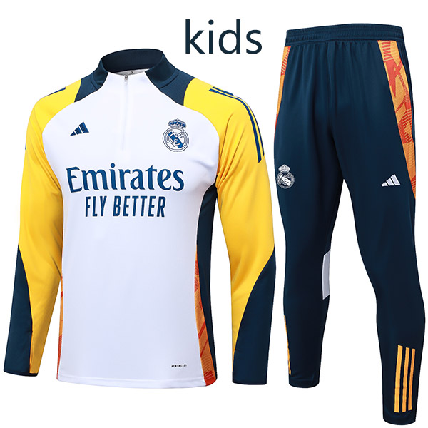 Real madrid tracksuit kids kit soccer pants suit sports set half zipper-necked cleats youth uniform children football mini training white yellow navy kit 2024-2025