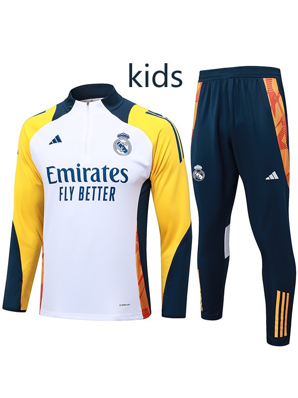 Real madrid tracksuit kids kit soccer pants suit sports set half zipper-necked cleats youth uniform children football mini training white yellow navy kit 2024-2025