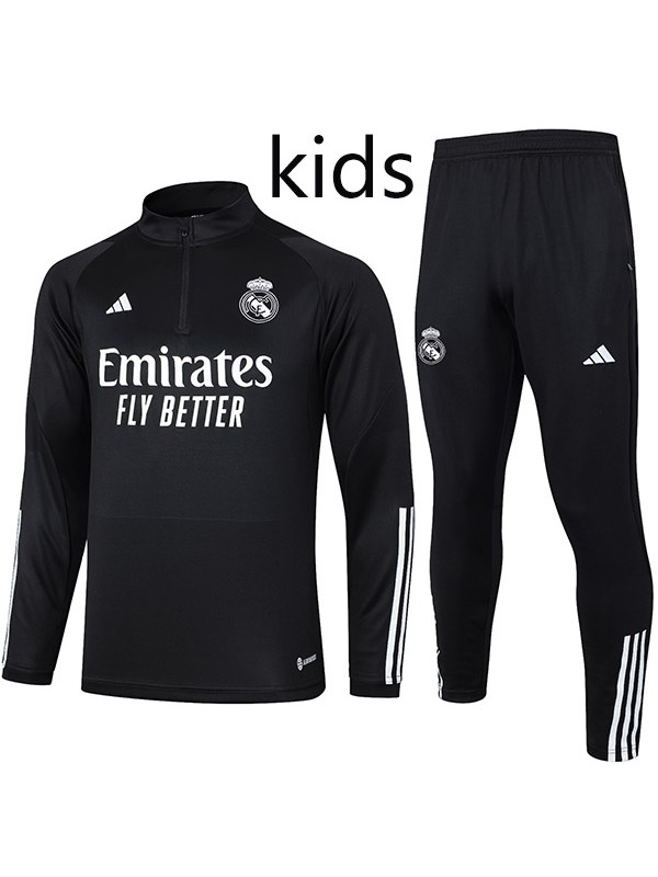 Real madrid survêtement enfants kit football pantalon costume ensemble de sport fermeture éclair col tout noir crampons jeunesse uniforme enfants football mini kit d'entraînement 2024-2025